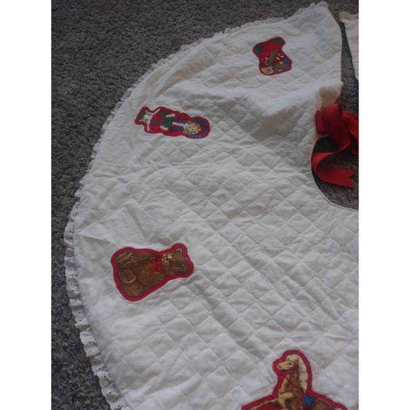 Vtg Christmas Tree Skirt Holly 2 Sided Soldier Doll House Jack Box Train Bear - Picture 3 of 6